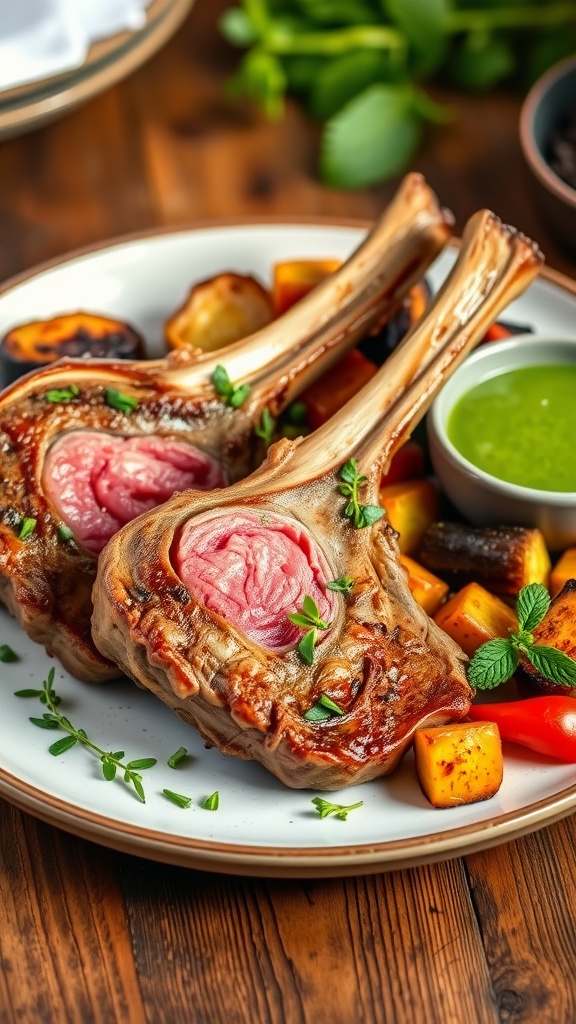 Plated air fryer lamb chops garnished with herbs, served with roasted vegetables and mint sauce on a rustic table.